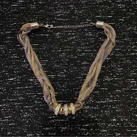 Multi Tone Twisted Mesh Necklace + Rhinestone Rings | Gold | Silver | Gunmetal - Picture 6 of 6
